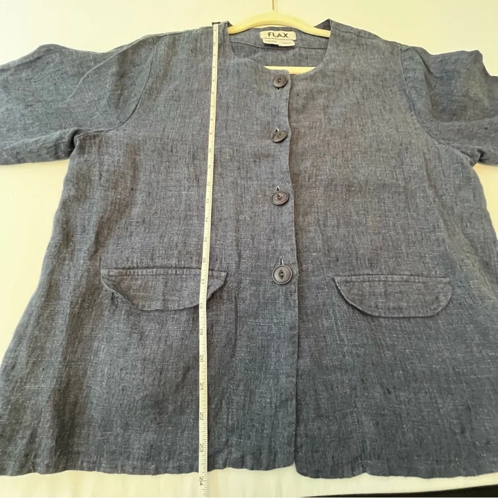 Flax Blue Gray Button 100% Linen Blazer Collarless Design Size Small - Picture 4 of 7